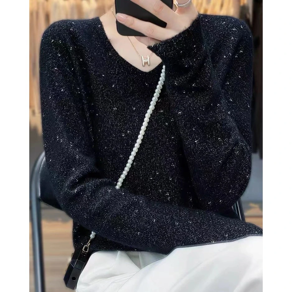 涵玖玥【100羊毛】满天星V领轻奢金豆子无缝长袖上衣ZM-01--054