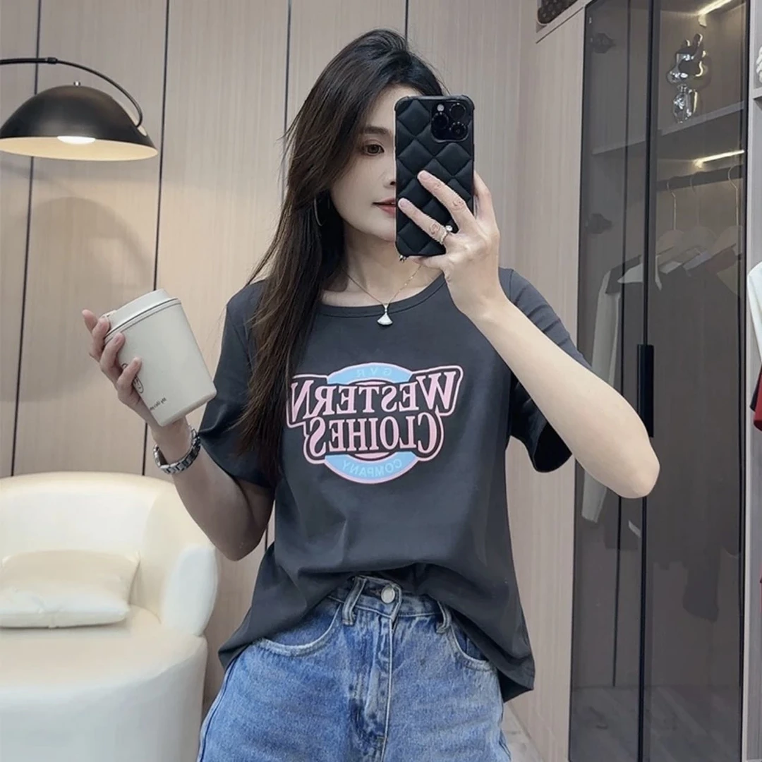 夏季2024年宽松显瘦小众印花ins大码上衣休闲百搭圆领T恤3649#0.1