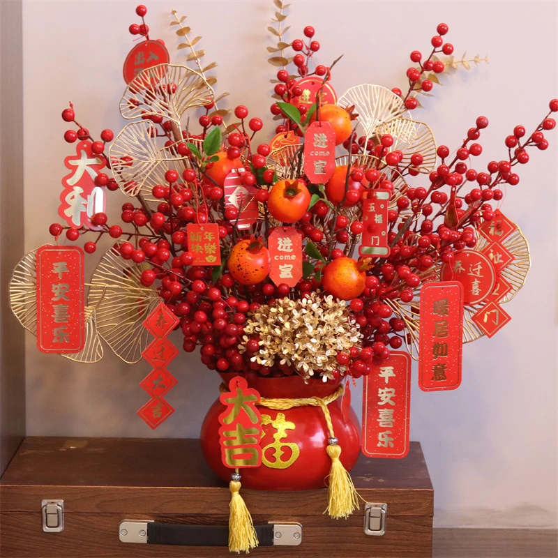 H喜庆新年装饰六颗石榴聚宝盆仿真红果冬青果家居送礼乔迁新居