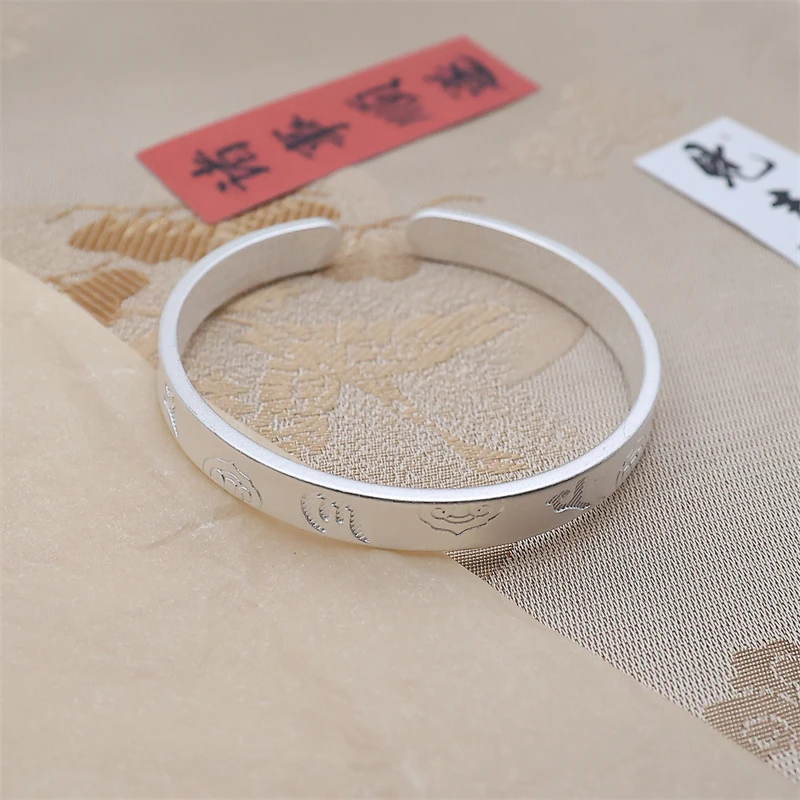 足银手镯 六字真言手镯开口镯磨砂气质时尚百搭复古