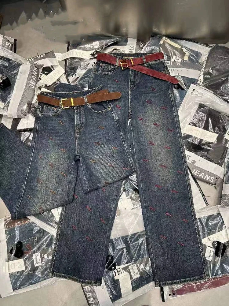 Vinny/48#高腰显瘦字母刺绣烫钻直筒拖地长裤