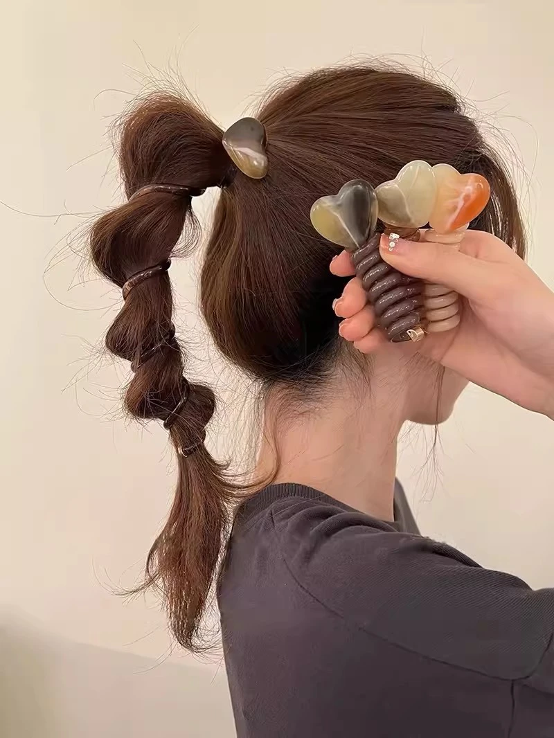 浪漫春夏~ 爱心电话线发圈头绳女生泡泡辫编发神器2024年新款