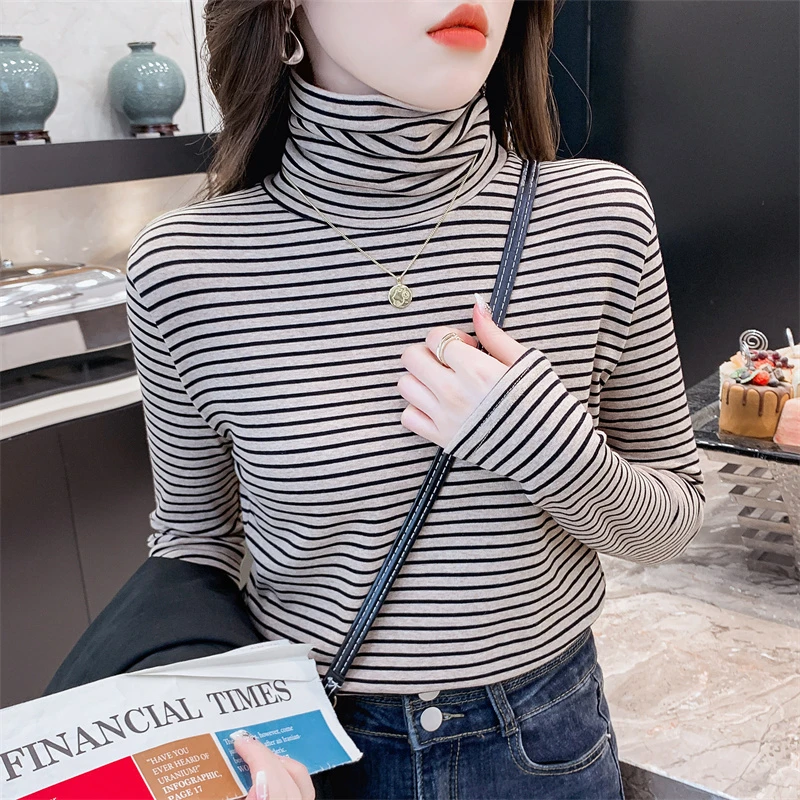 艾米恋高领条纹打底衫女内搭秋冬季外穿长袖保暖显瘦洋气女士上衣