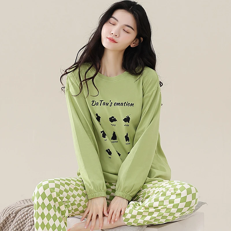 100%纯棉加厚秋冬季长袖睡衣女外穿百搭简约纯棉舒适家居服春秋款