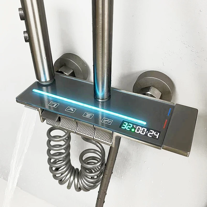 Akino/阿奇诺智能数显淋浴花洒套装 水镀拉丝黄铜主体 置物台花洒