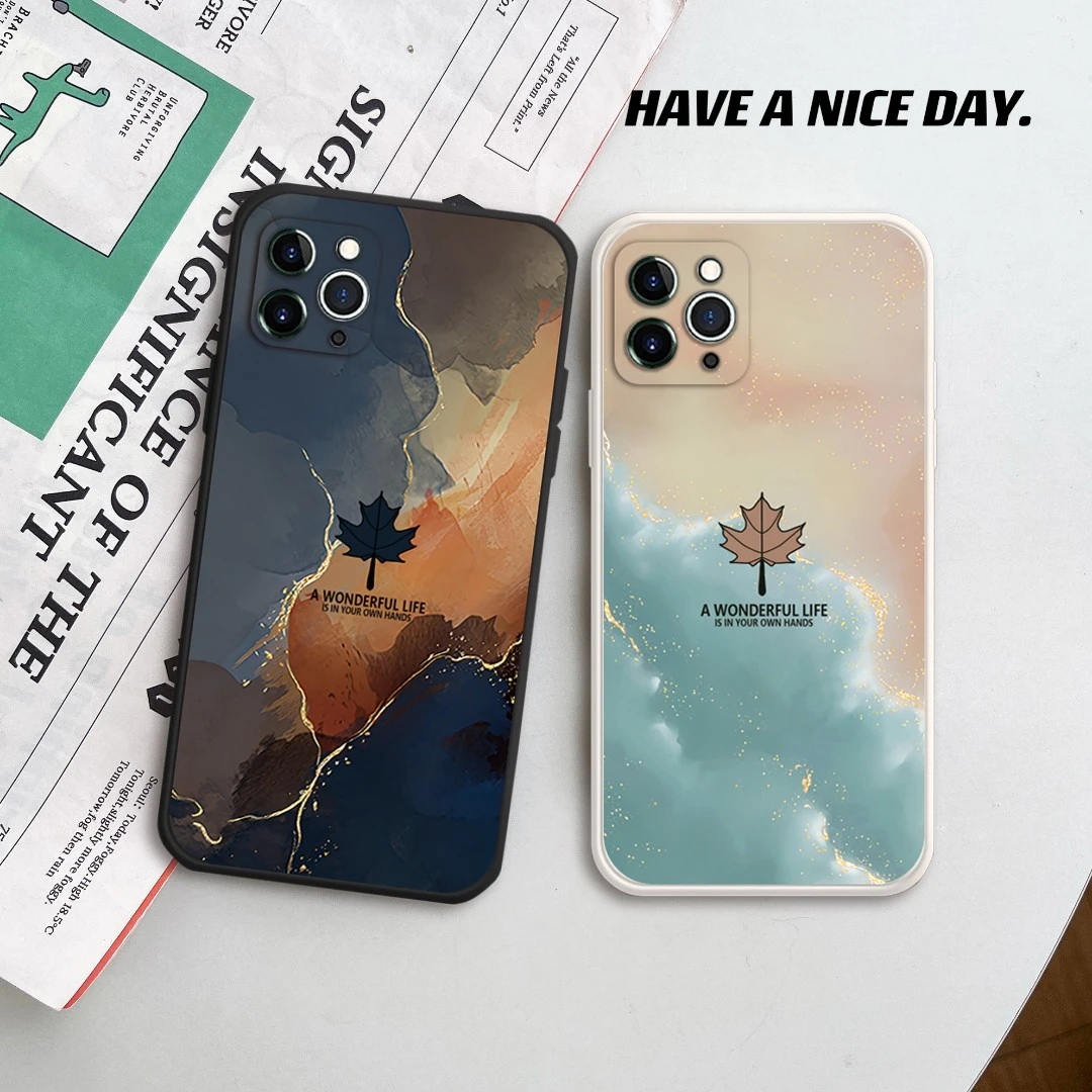 直边轻薄壳苹果/华为/VIVO/OPPO/小米墨大理石枫叶液态硅胶保护套