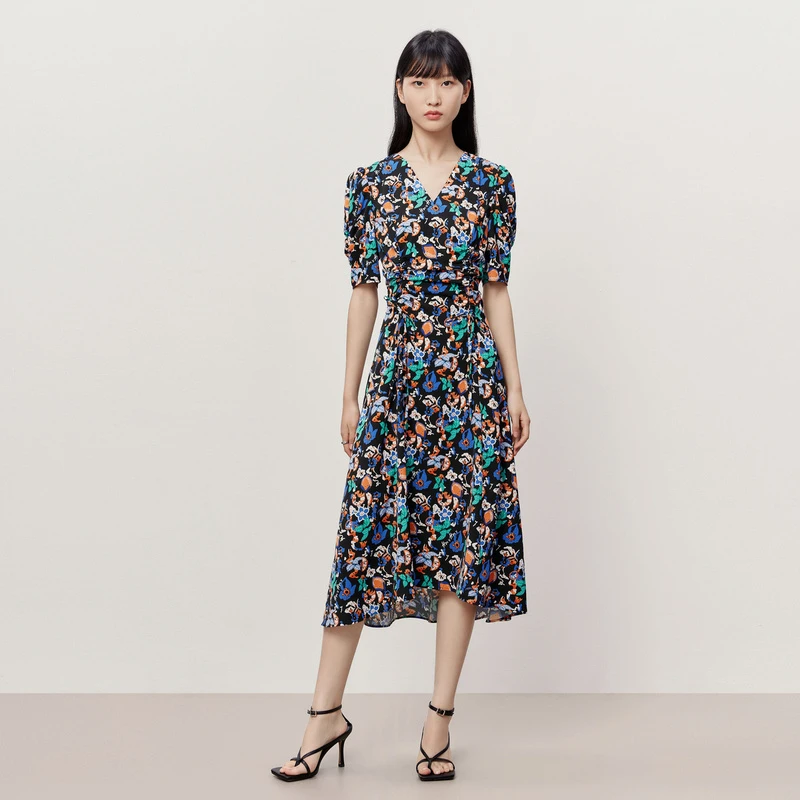 HPLY荷比俪夏季新款女V领收腰碎花复古连衣裙HMD23750359