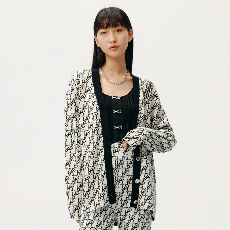 HPLY/荷比俪春新品女装饰金属拉链logo气质提花针织衫HYC12650073