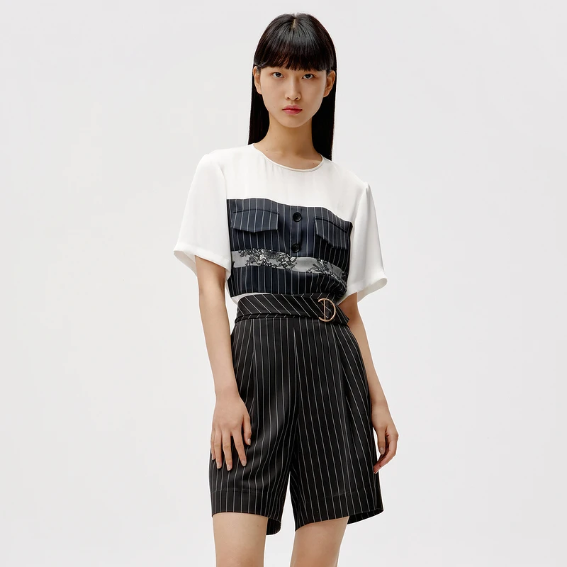 HPLY荷比俪夏新款女条纹蕾丝面料拼接休闲上衣HMC23610308