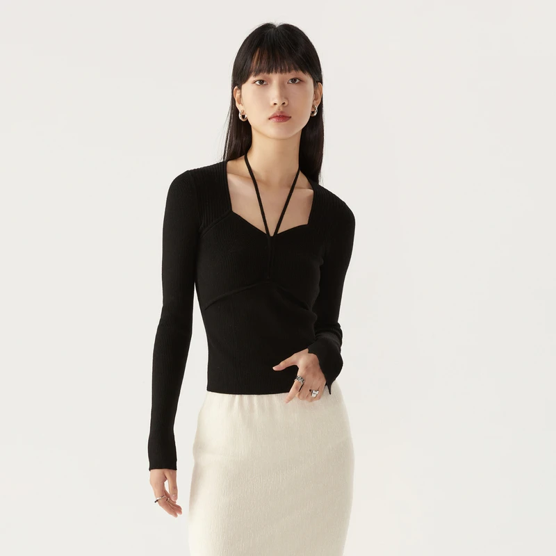 HPLY/荷比俪春季新款女复古衣领羊毛抽绳修身毛衫HDD12650089