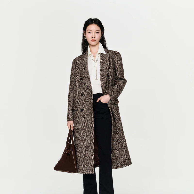 冬新款人字纹复古气质修身时尚大衣HDD42500206中长款外套休闲
