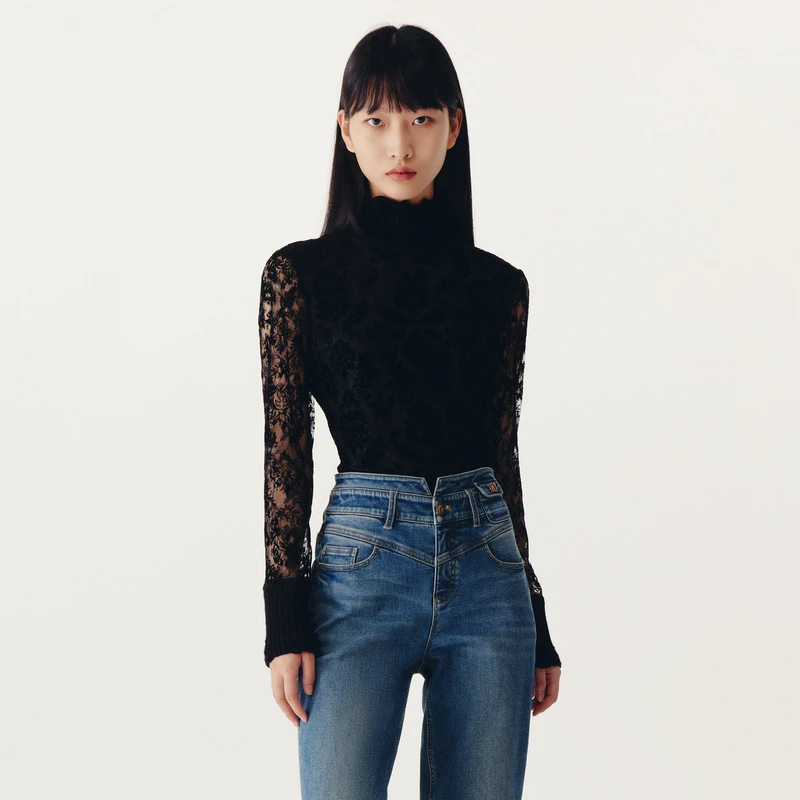 HPLY/荷比俪冬季新款时尚复古蕾丝气质优雅高领上衣HMC41610478