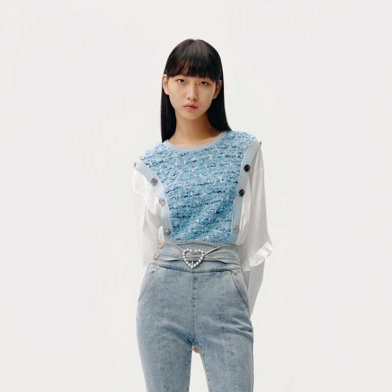 HPLY荷比俪新品女肌理感面料荷叶边袖字针织衫HEC13650095