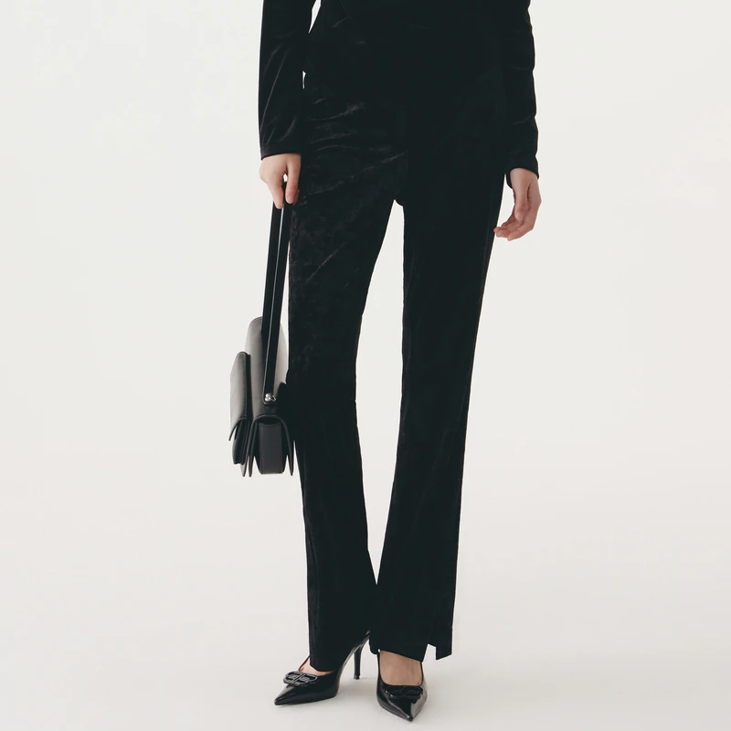 HPLY/荷比俪秋款女时尚高腰绒面开衩脚口喇叭休闲裤HMC32410332