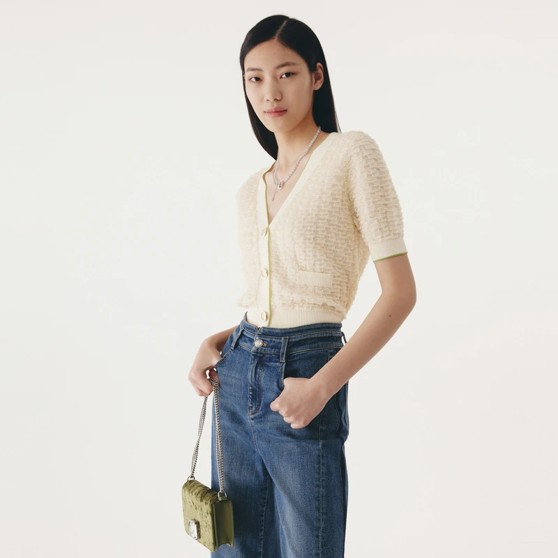 HPLY荷比俪秋新款女双层纱线撞色香风针织衫外套HMC32650053