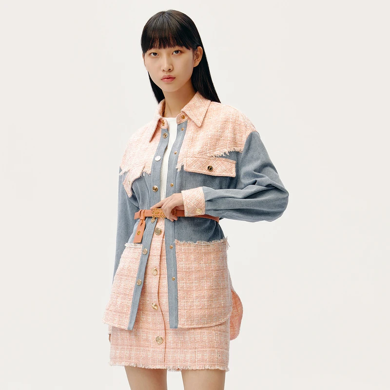 HPLY/荷比俪春新品女复古淑女金属扣拼接时尚牛仔上衣HYC11530013