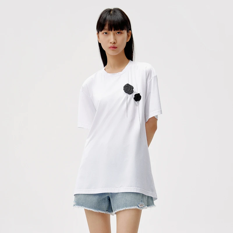 HPLY荷比俪夏季新款女可脱卸玫瑰花钻小露腰T恤HYC23620179T4