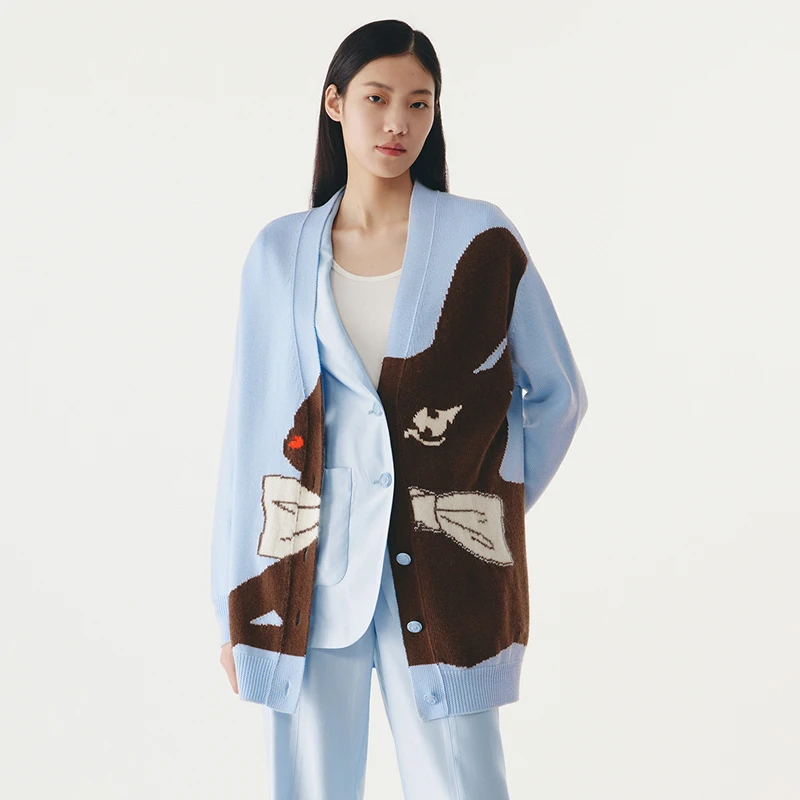 HPLY荷比俪秋季新款女拼接萌兔图案提花针织衫HYC35650318