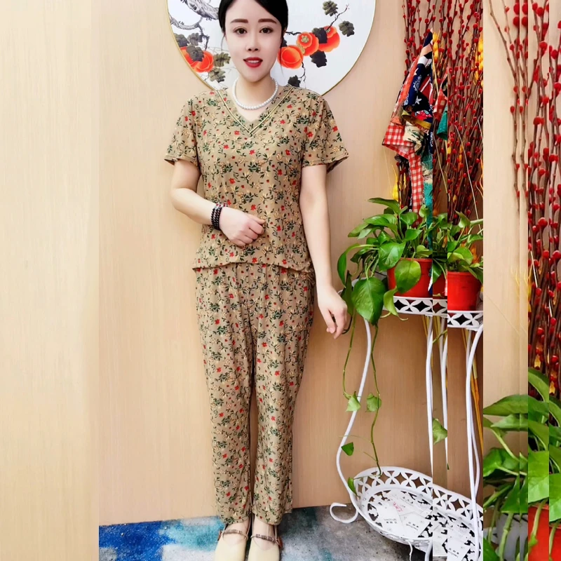 中老年夏季家居服两件套时尚休闲印花妈妈装睡衣显瘦气质套装大码
