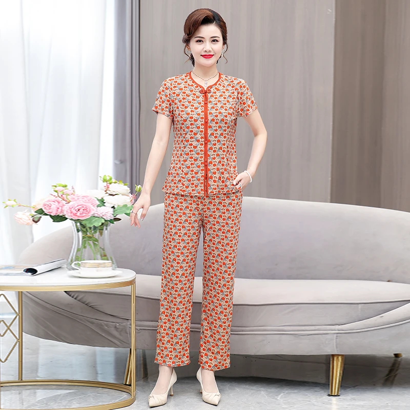 中老年夏季家居服两件套时尚休闲印花妈妈装睡衣显瘦气质中年套装