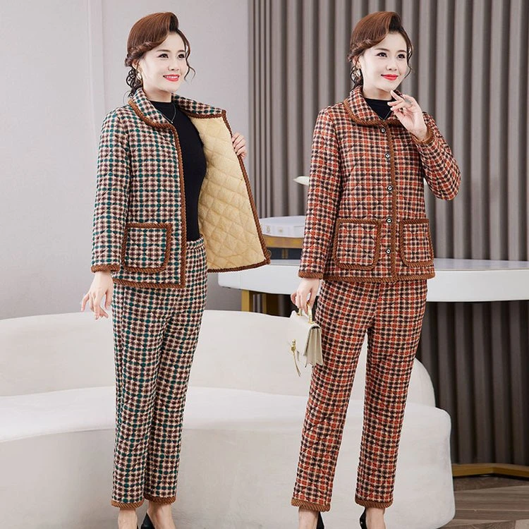 中老年妈妈装小女装棉衣套装加绒加厚保暖棉袄裤时尚洋气格子睡衣