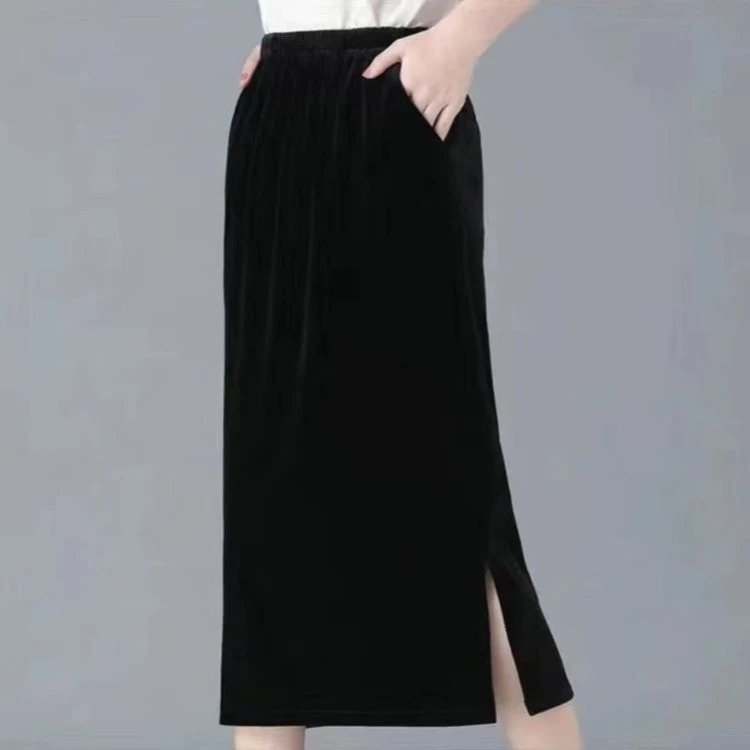 中年金丝绒半身裙气质开叉中长款松紧腰高腰显瘦百搭包臀裙妈妈装