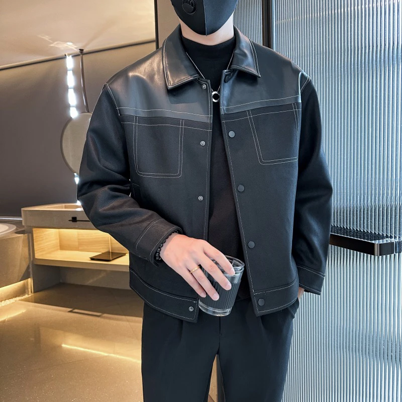 （九九）2025春秋季高品质时尚潮流休闲简约拼接翻领夹克外套120