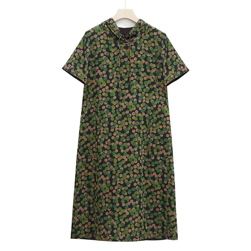 夏装新款高定花萝绿色波点连帽短袖连衣裙女士复古休闲长裙子2899