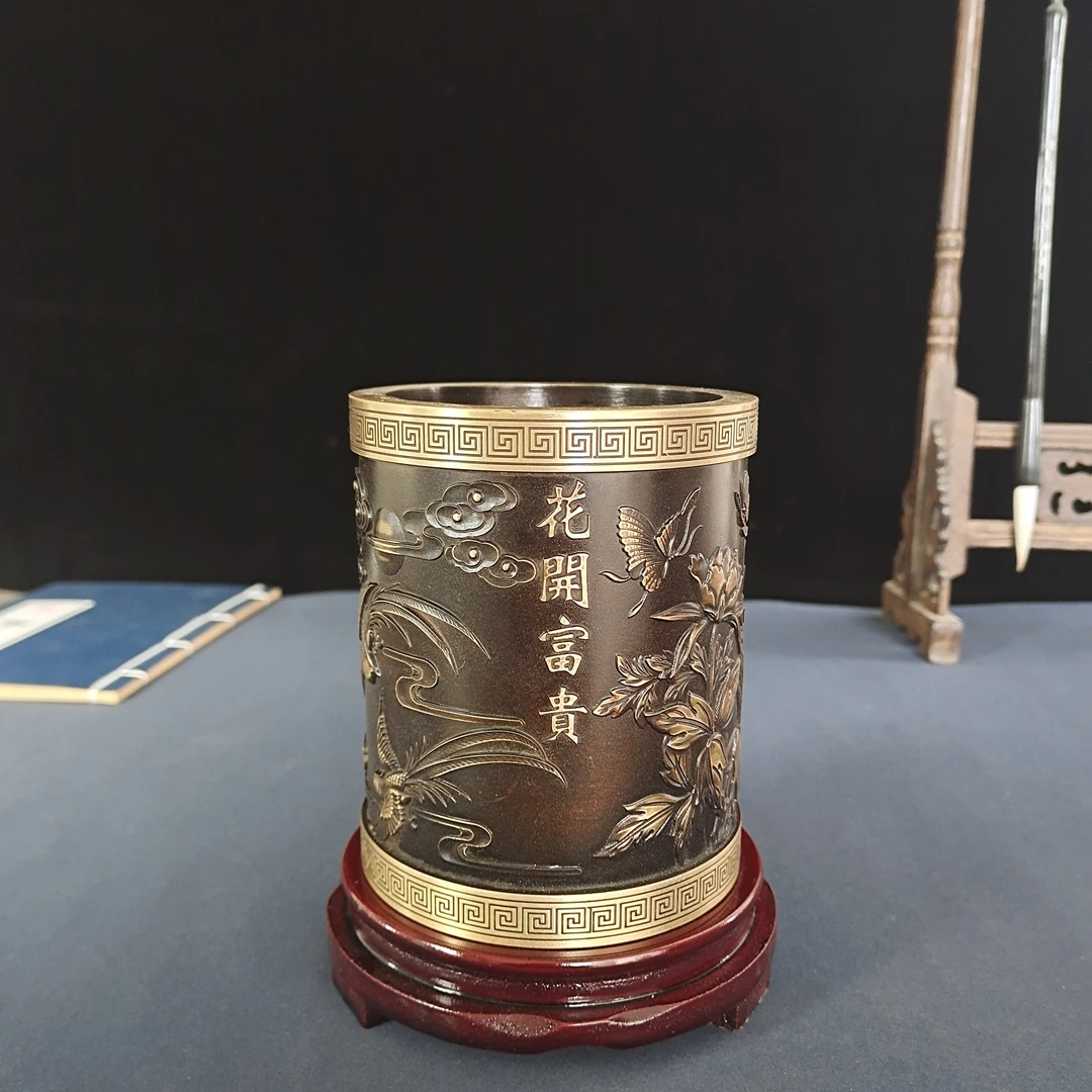 笔筒纯铜黄铜摆件书房文房新中式大号实心工艺礼品可定制花开富贵