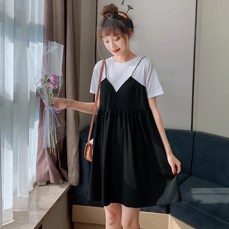 孕妇夏装时尚宽松款夏季洋气短袖假两件套孕妇显瘦连衣裙