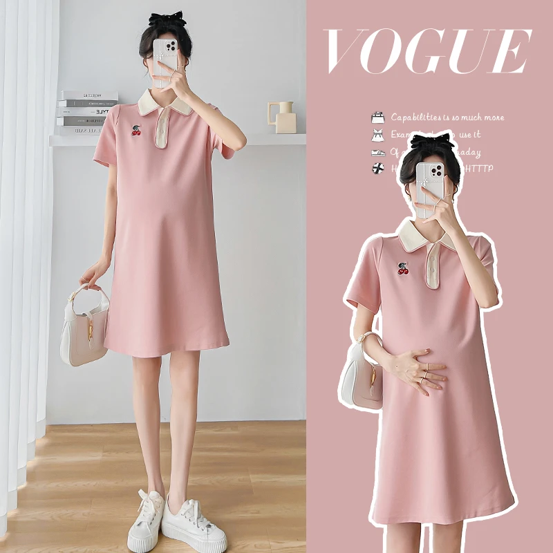 孕妇夏季新款法式休闲宽松polo领樱桃韩版甜美减龄孕妇连衣裙
