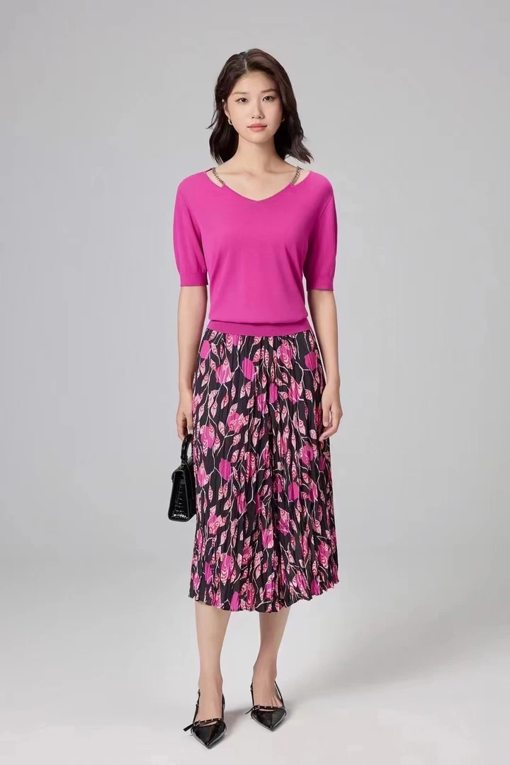 姚领YAOLY秋季新品玫红花色半裙