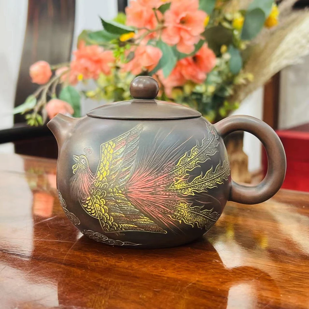 YJ060坭兴陶西施壶雕刻凤凰壶带盖茶杯陶瓷杯250CC