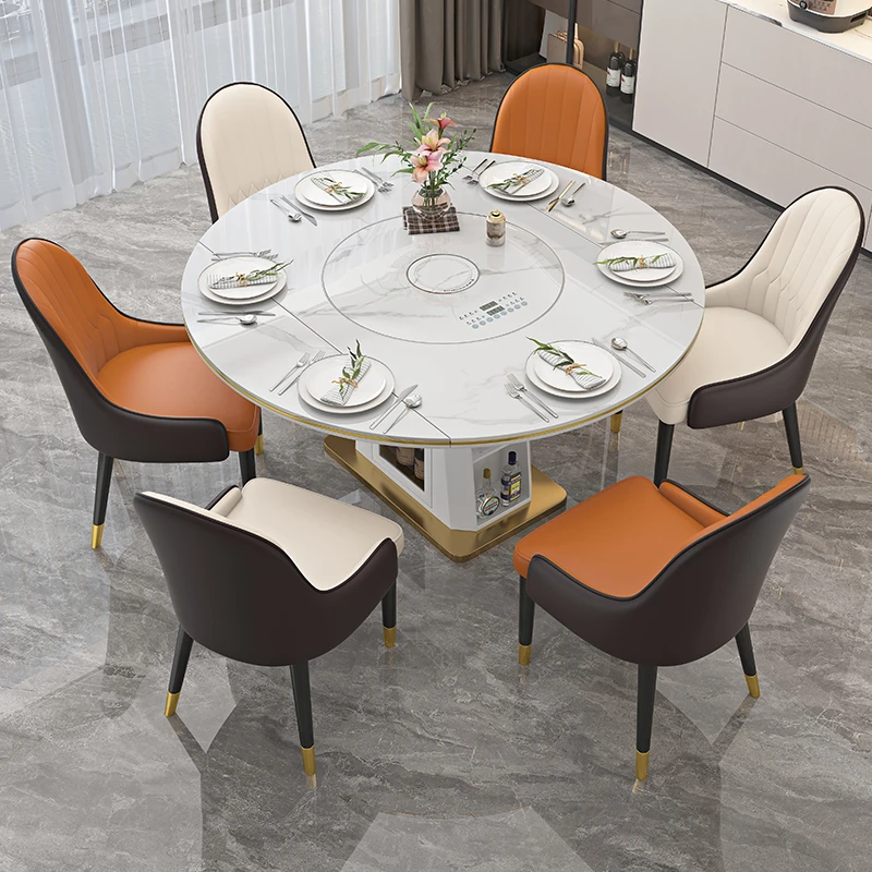 带电磁炉暖菜一体餐桌2024新款轻奢储物多功能岩板可伸缩家用餐桌