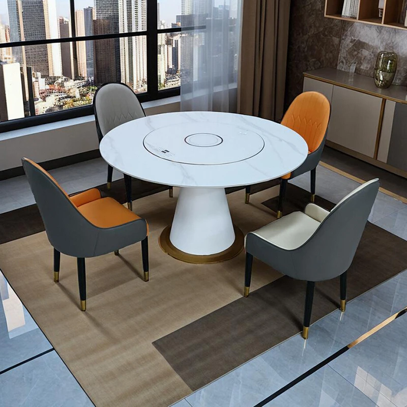 岩板圆形多功能餐桌椅组合轻奢现代简约带暖菜电磁炉内嵌转盘家用