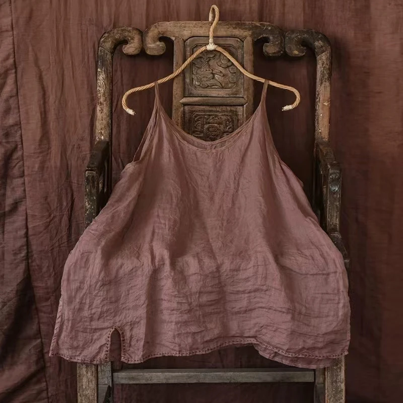 14051原创高支轻薄苎麻吊带休闲百搭打底混搭开衩手工缝线背心女