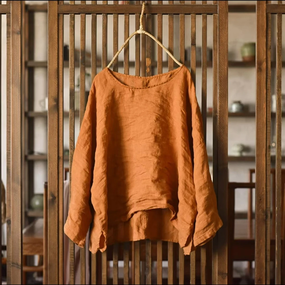 14332原创高温砂洗亚麻女短款外套春夏复古宽松手工绣线圆领麻衫