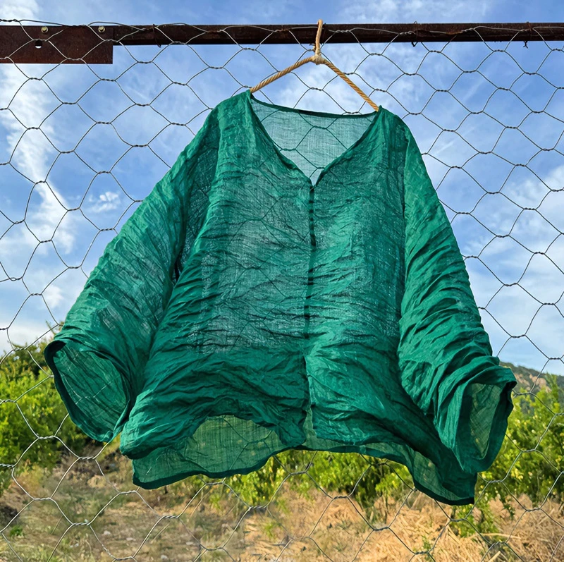 14351原创高支轻薄精细苎麻V领女防晒衬衫时尚舒适百搭宽松上衣