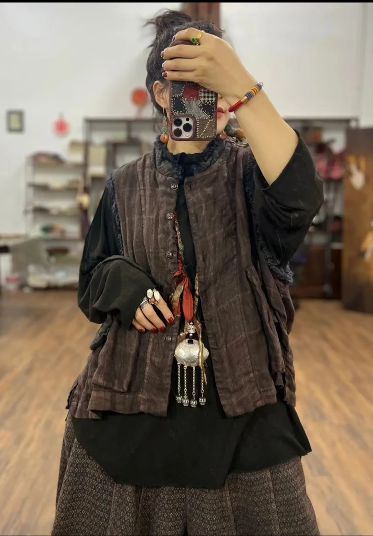 素喜春秋/高品质砂洗色织亚麻复古手工盘扣撞色拼接经典毛边马甲