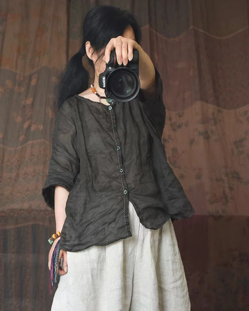 14076原创轻薄精细苎麻复古文艺女麻衬衫手工缝线圆领开衫上衣女