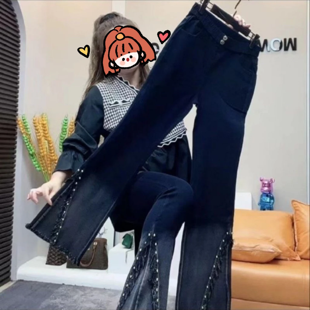 大码女裤春秋水洗拼接毛边微喇叭设计渐变铆钉显瘦高腰时尚微喇裤