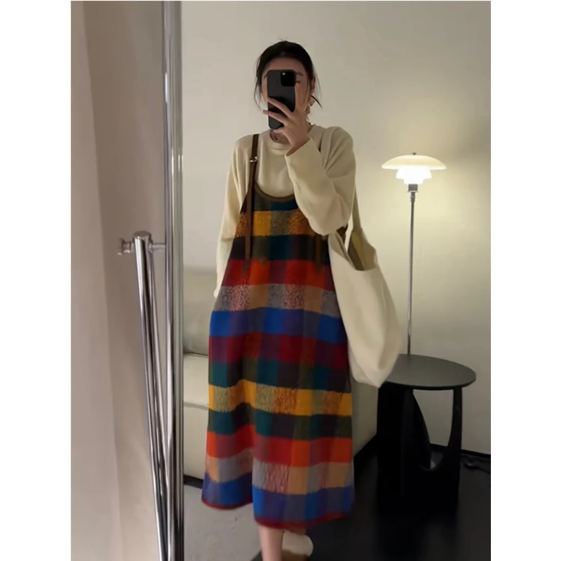 彩虹格时尚休闲条纹格纹小众复古背心吊带连衣裙