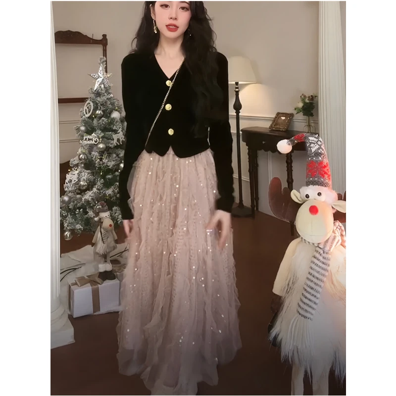 【黑金派对】＜祖祖zuzu＞法式复古丝绒上衣蕾丝亮片半身裙套装冬女
