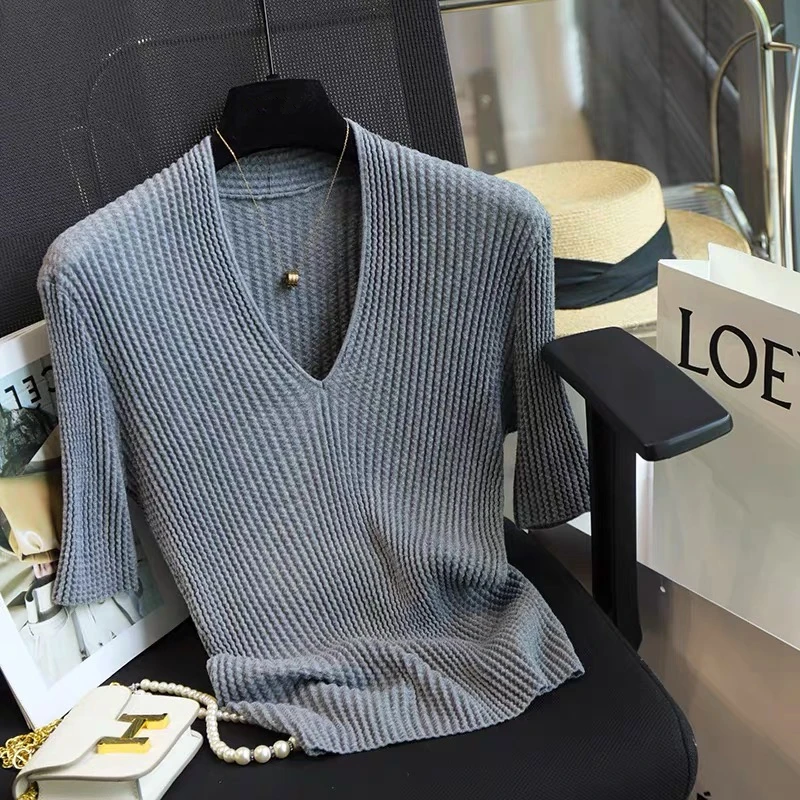 夏季薄款休闲气质肌理感V领杨子V领子褶皱中袖针织衫毛衣