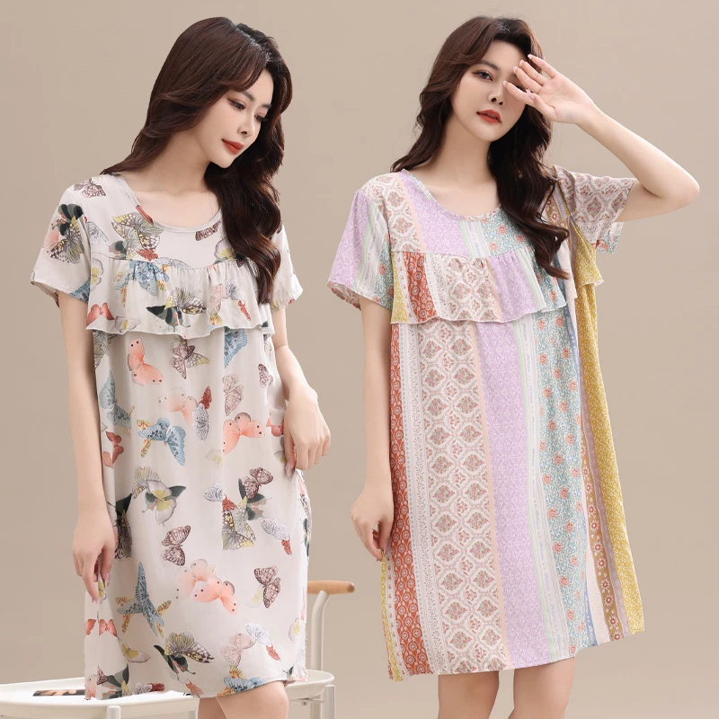 防凸点棉绸睡裙加大码时尚女士夏季女士薄款宽松中长款印花可外穿