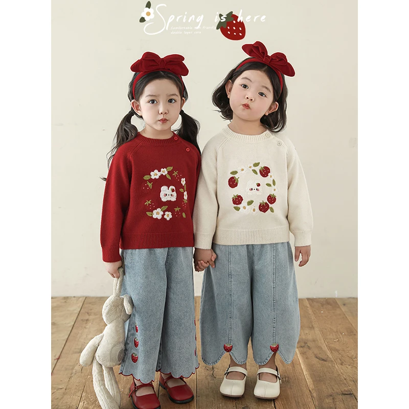 幼悠女童冬装草莓小兔刺绣毛衣针织衫儿童潮牌服装宝宝衣服LQ0052
