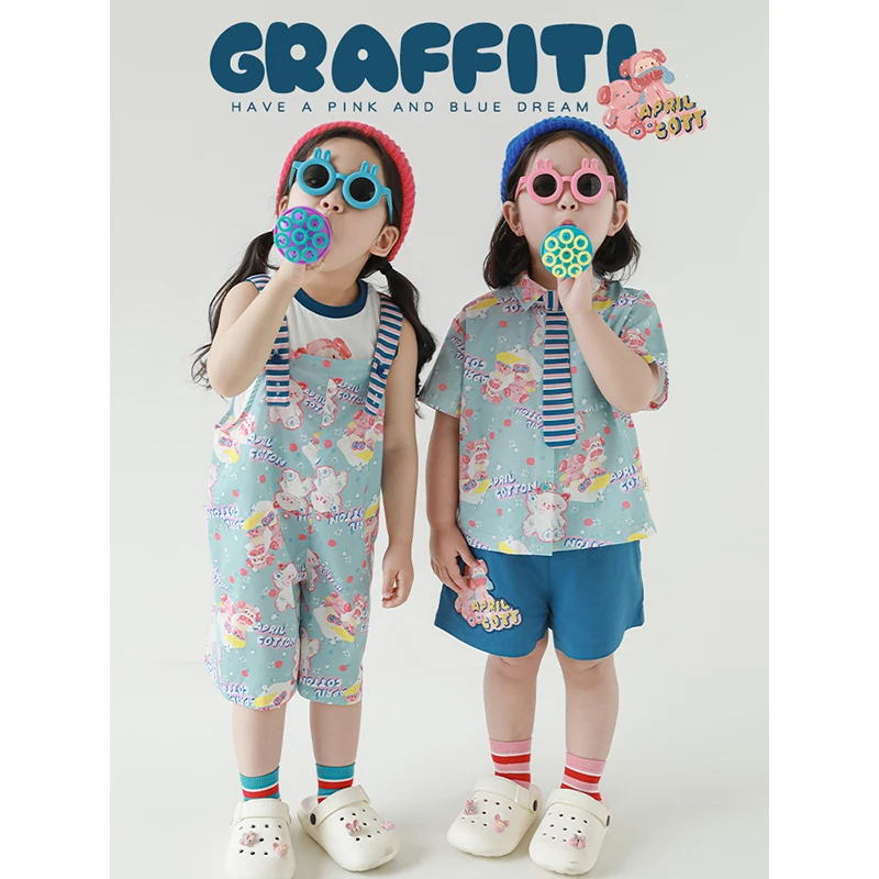 幼悠夏四波卡通可爱多色柔软夏季舒适出游洋气女宝拼色衬衫LX0265