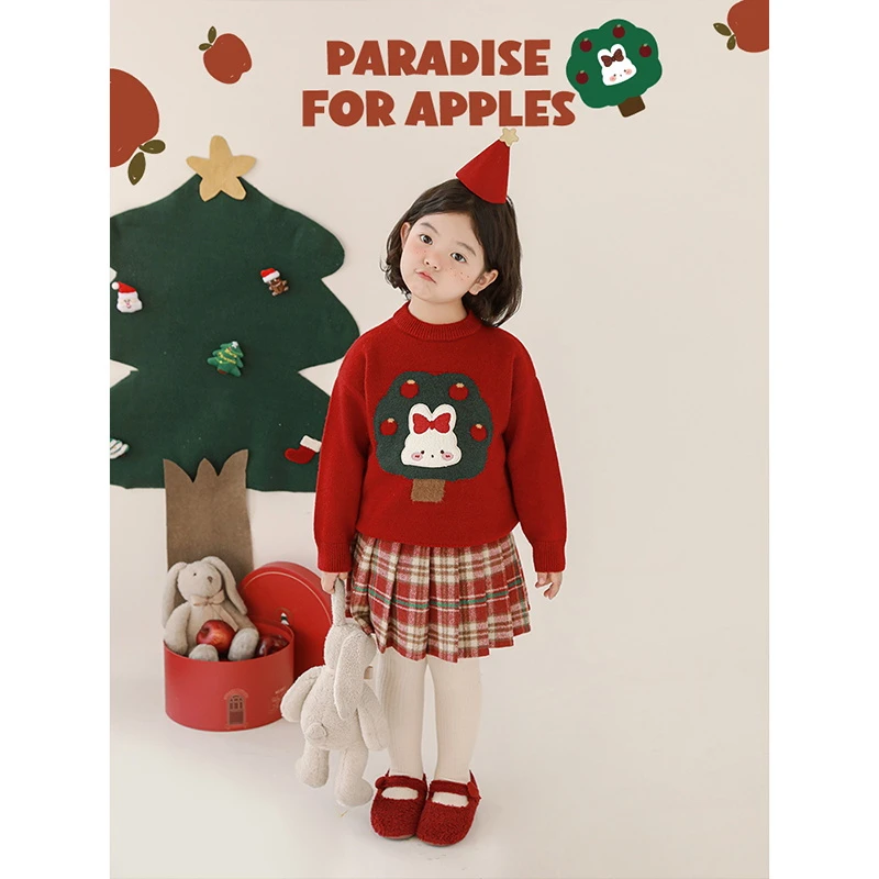 幼悠女童小兔苹果树刺绣毛衣冬季可爱儿童弹力圣诞保暖上衣D3962