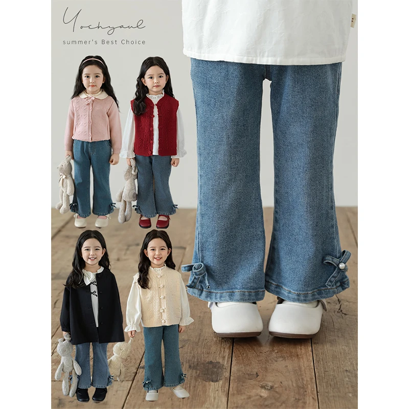 幼悠女童蝴蝶结女孩牛仔裤秋季洋气可爱儿童柔软休闲裤子潮Q4081
