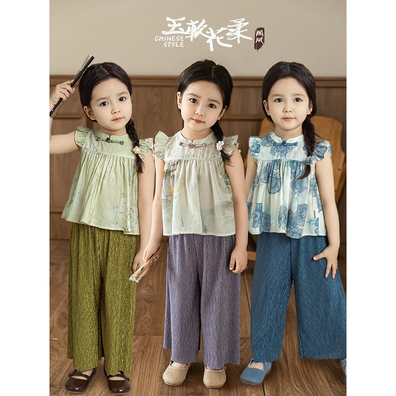 幼悠女童轻柔飘逸新中式背心夏季洋气儿童飞袖中国风衬衫潮X4698